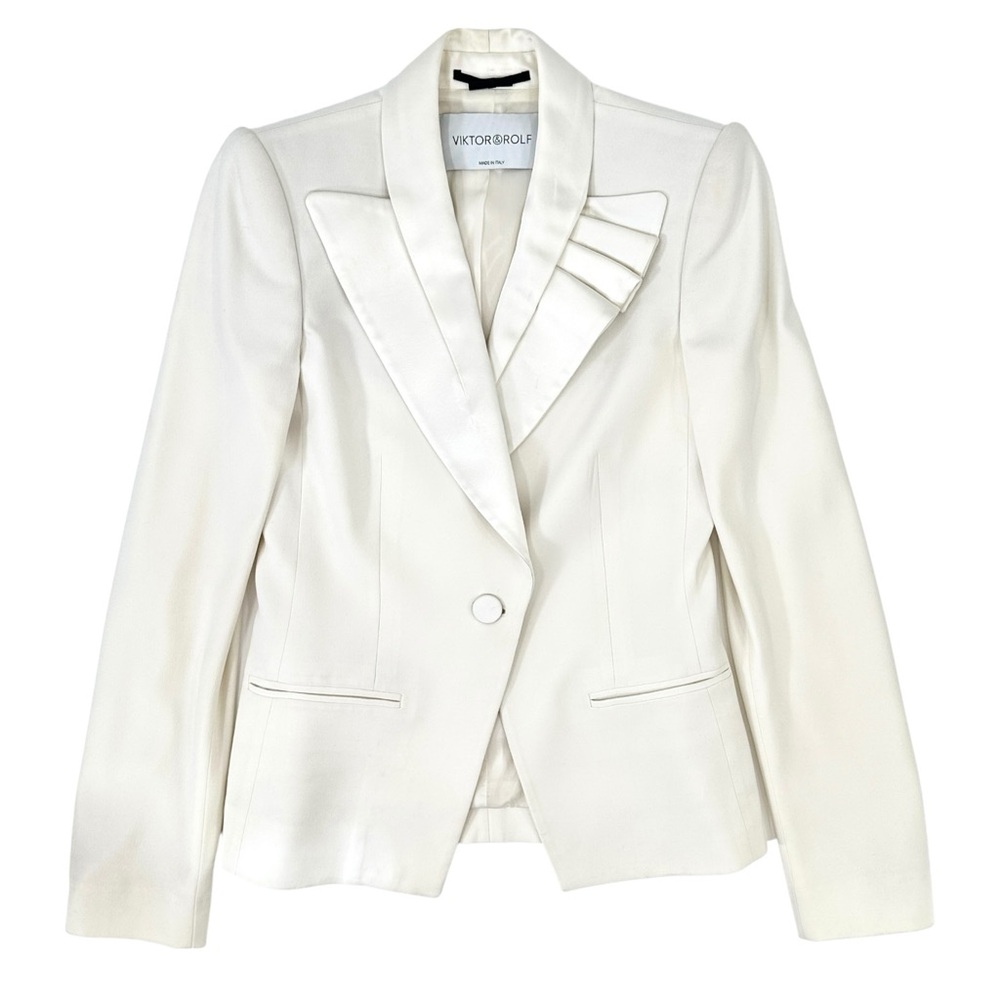 VIKTOR & ROLF White Satin Collar Padded Shoulder Tuxedo Blazer Jacket sz 38